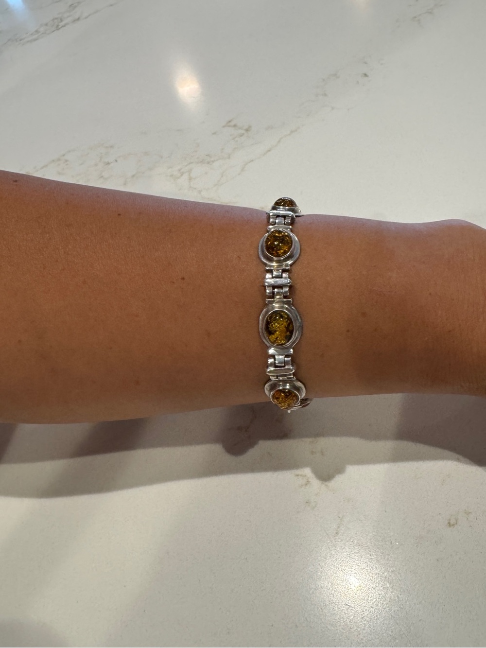Vintage Sterling Silver Bracelet Bezel-set Baltic Amber Stones
